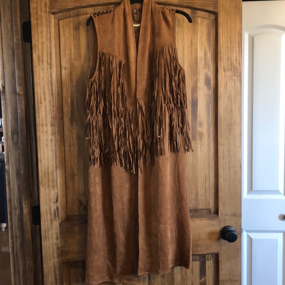 Long faux leather fringe vest